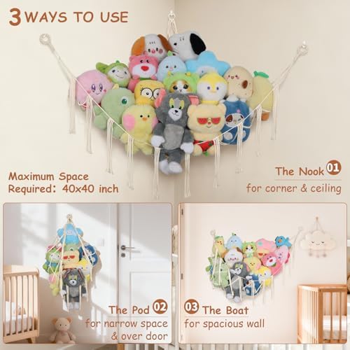 Stuffed Animal Storage Hammock Corner, 55 Inch Large No Drill Toy Net - Image 3