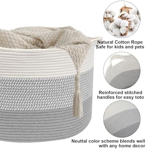 90L Extra Large Blanket Basket, Woven Rope Laundry Basket-Grey - Image 3