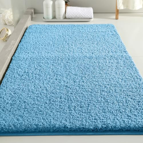 Polyester Bathroom Rug 24"x40" Blue, Non-Slip Soft Shaggy Bath Mat by Kildoss