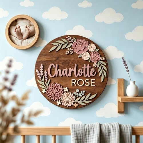 Personalized Wooden Nursery Name Sign, Custom Floral Baby Name Plaque, Round - Image 6