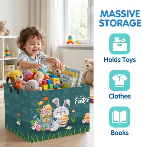 Large Cute Easter Basket for Kid Empty Gift Baby Rectangle Storage Bin Bunny - Image 2