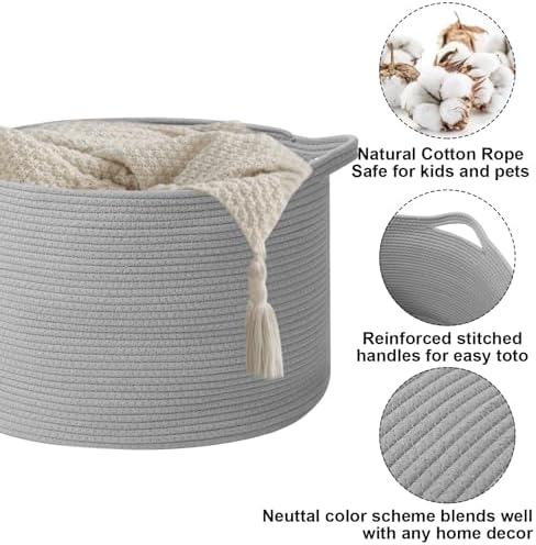 65L Large Blanket Basket, Woven Rope Laundry Basket-Light Gry - Image 3