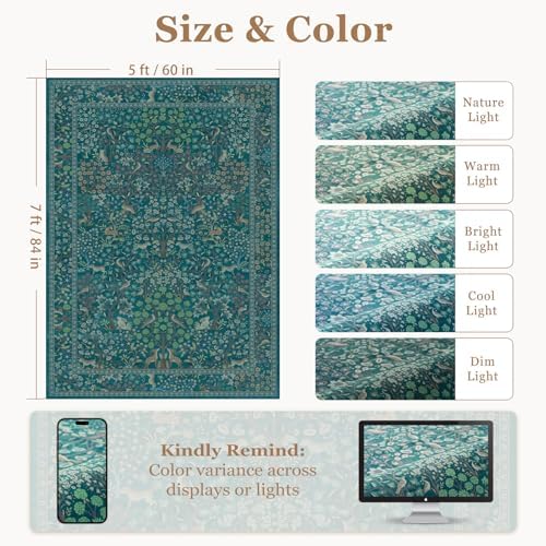 Teal Tree of Life Area Rug 5x7, Boho Farmhouse Carpet - Image 2
