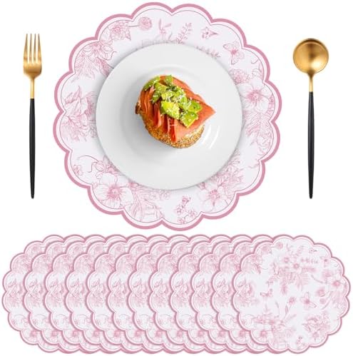 60 Pcs Pink Floral Paper Placemat, 13.5 Inch Disposable Scalloped Table Mat by NatNarr