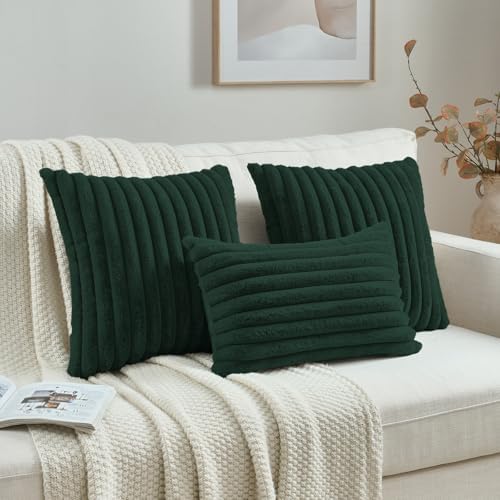 FUTEI Pack of 2 Faux Fur Throw Pillow Covers 12x20 Inch, Dark Green - Image 4