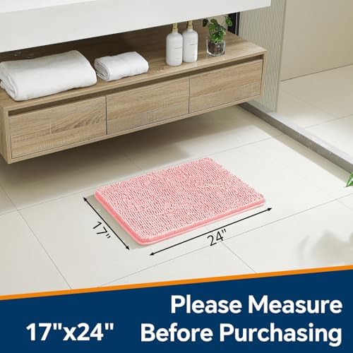 Chenille Bathroom Rug 17"x24" Pink, Non-Slip Plush Bath Mat - Image 2