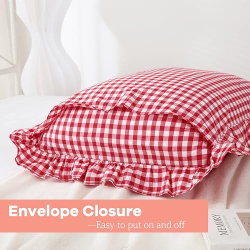 2 Pack Red White Gingham Ruffle Pillow Shams King Size 20"x36" - Image 6