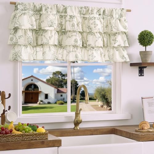jinchan Ruffled Floral Valance Curtain 18 Inch 1 Panel Green on Beige - Image 2