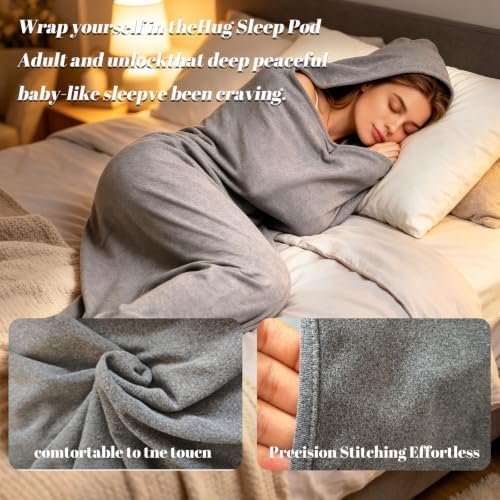 Hooded Hug Sleep Pod Adult Wearable Blanket, Light Washable Swaddle Sack Camp - Image 2