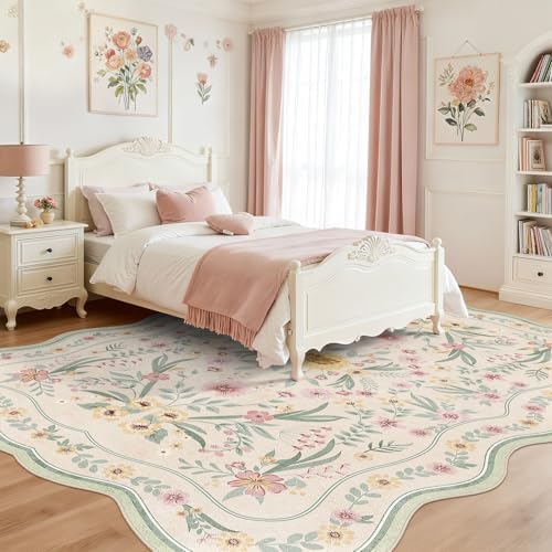 Scalloped Rug 7x9, Sage Green Floral Washable Non Slip Area Rug - Image 2