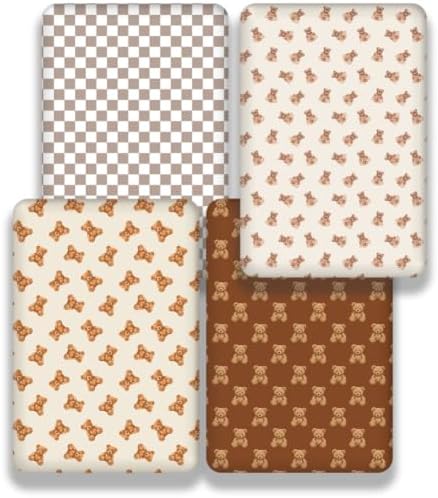 4 Pack Bear Baby Sheets Neutral Unisex Fitted Checked Nursery Baby Sheet Set - Image 2