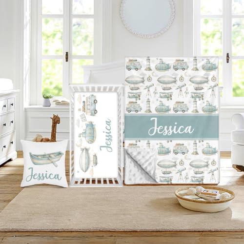 Custom Baby Boy Minky Crib Bedding Set, Airship Bedding 3 Pcs Set by Duckbe
