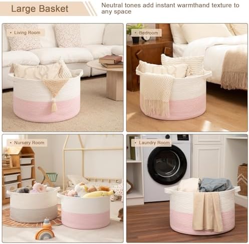 OIAHOMY 90L XXXLarge Blanket Basket Living Room Laundry Basket White&Pink - Image 5