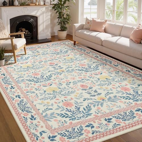 Joydeco Pink Area Rugs 9x12 for Living Room, Washable Cute Boho Floral Kids by JOYDECO