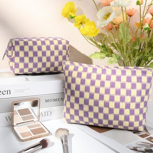 SOIDRAM 2 Pcs Checkered Makeup Bag Large Cosmetic Bag Toiletry Bag Makeup Pouch - Image 2