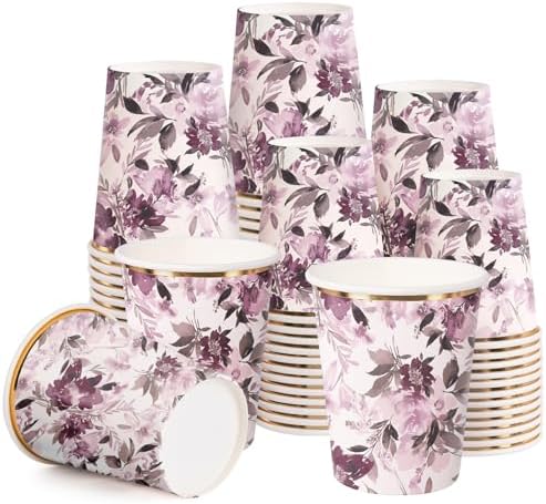 WRAPAHOLIC 50 Pcs Floral Paper Cups - 9 oz Purple Flower Disposable Cups by WRAPAHOLIC