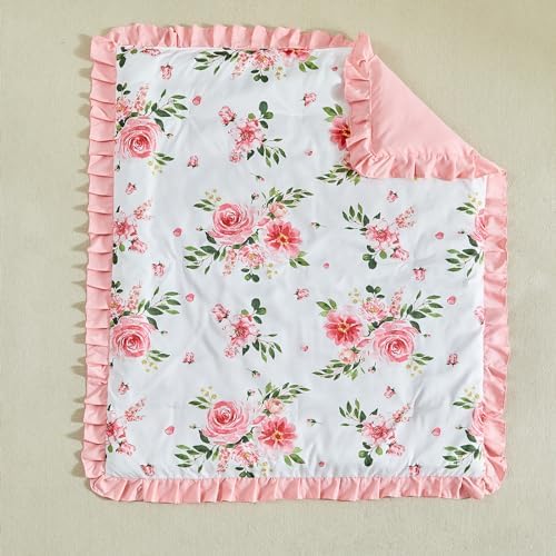 3 Pieces Flowers Mini Crib Bedding Set Baby Ruffled Quilted Comforter - Image 7