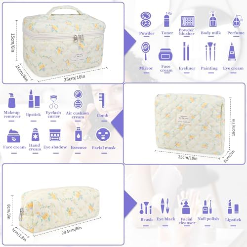 Gosect Quilted Makeup Bag Set, Large Floral Cosmetic Bag - Image 2