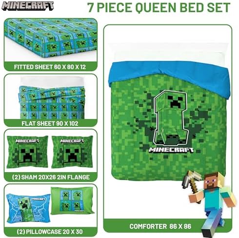 Minecraft Creeper Queen Comforter Set 7 Piece Kids Bedding - Image 3
