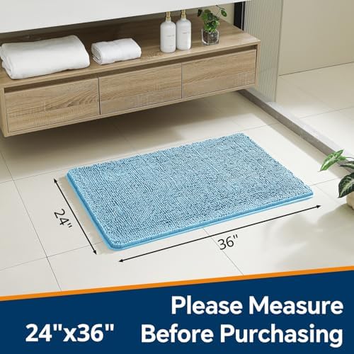 Chenille Bathroom Rug 24"x36" Sky Blue, Non-Slip Plush Bath Mat - Image 2