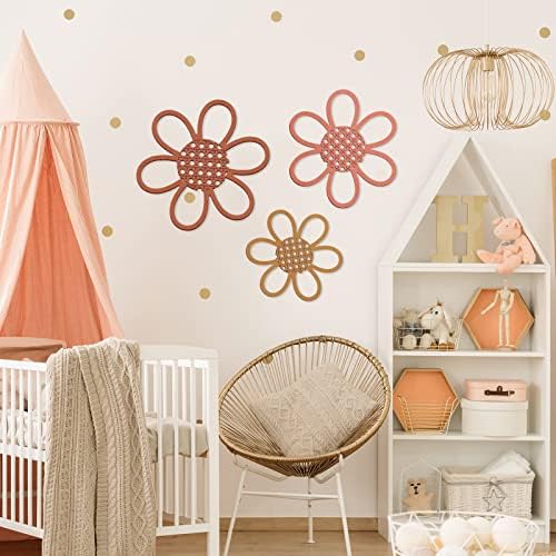 Maitys Boho Wall Decor Set of 3, Wood & Rattan Daisy Flower Wall Hanging Art - Image 4