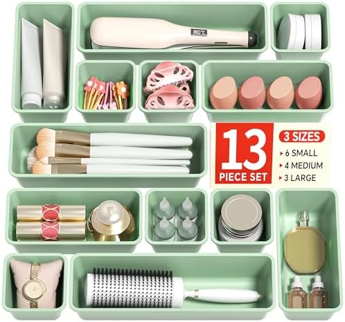 Canfanni 13 Pack Plastic Drawer Organizers Set, 3 Sizes Desk Drawer Organizer by Canfanni