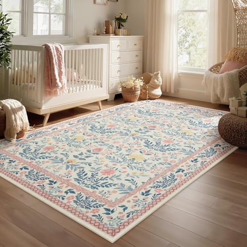 Joydeco Pink Area Rugs 8x10 for Living Room, Washable Cute Boho Floral Kids - Image 3