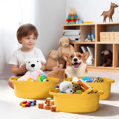 Small Yellow Woven Basket, Cotton Rope Kids Dog Cat Toy Bin Box, Cute Baby - Image 5
