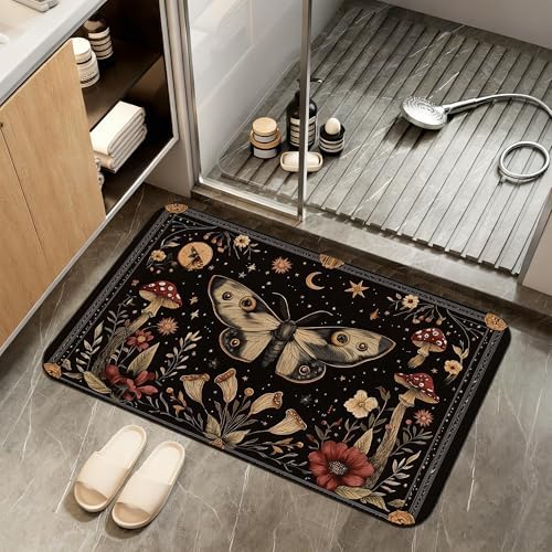 Black Poppy Moth Bathroom Rugs, Mushroom Moon Bath Mats by ZTHLL