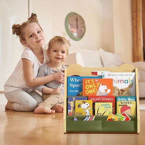 NANATI Solid Pine Wood Kids Bookshelf Green, Double-Sided Nursery Book Shelves - Image 5
