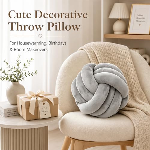 Petrella Light Gray Knot Pillow Ball, 8 Inch Round Accent Decorative Pillow - Image 4