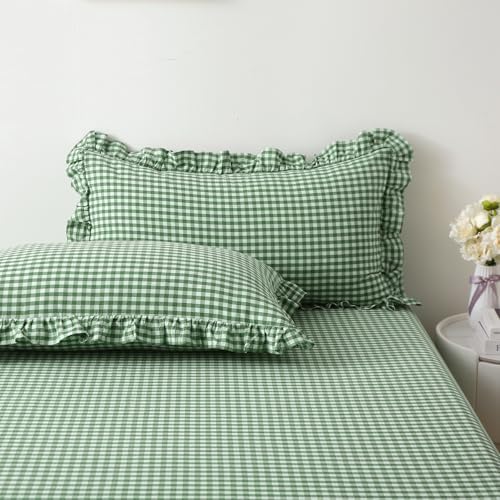 2 Pack Green White Gingham Ruffle Standard Pillow Shams 20"x26" - Image 7