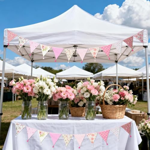 G2PLUS 10.8Ft Cotton Triangle Bunting Banner – 12pcs Pink Floral Fabric Pennant - Image 5