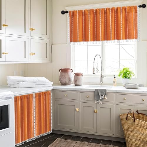 MitoVilla Boho Orange Kitchen Curtains 24 Inch Length Sets, 2 Panels Farmhouse - Image 4