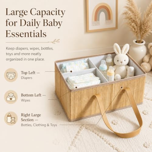 Large Wicker Baby Diaper Caddy Organizer, Bamboo Storage Basket - Image 2