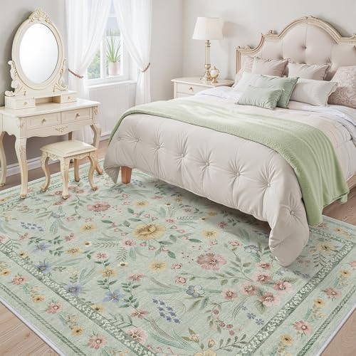 Green Floral Rug for Girls, 6x9 Washable Botanical Bedroom Rug for Nursery - Image 2