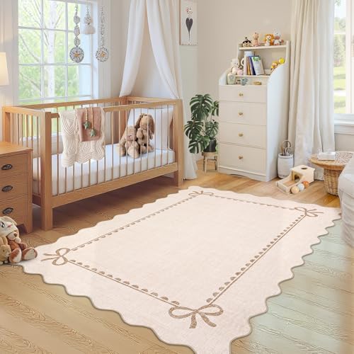 GarveeHome Scalloped Bow Rug 5x7 Washable Beige Rug - Image 4
