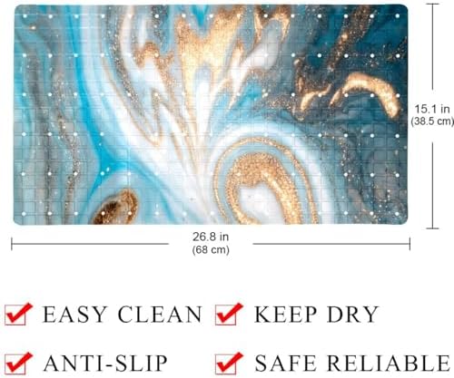 Bathtub Mat Non Slip 26.8x15.1In, Cyan Gold Marble Bath Mat - Image 4