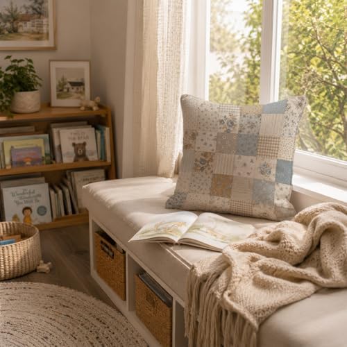 French Country Blue Floral Patchwork Throw Pillow Cover 18x18 - Image 3