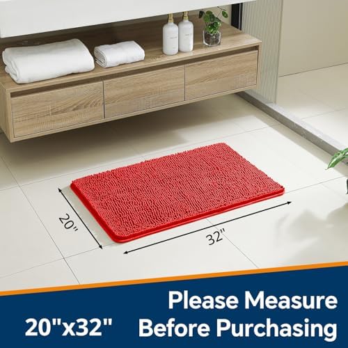 Chenille Bathroom Rug 20"x32" Red, Non-Slip Plush Bath Mat - Image 2