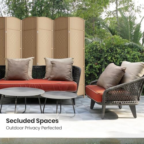 8 Panel Folding Room Divider, Woven Privacy Screen, Light Beige - Image 5