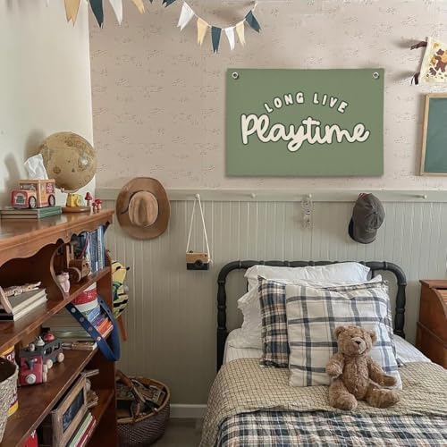 Playroom Decor for Boy, Long Live Playtime Wall Hanging Linen Banner, 20x30 - Image 2