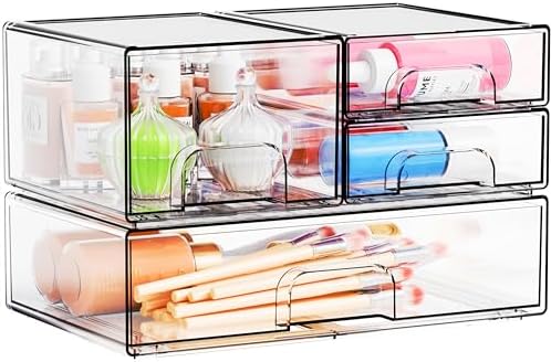 Yieach 4 Pack Clear Stackable Storage Drawers, Pull-Out Medicine Cabinet by Yieach