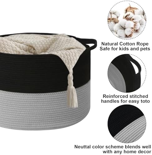 90L Large Blanket Basket, Woven Laundry Basket-Black&Light Grey - Image 3