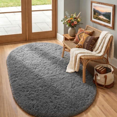 Ophanie 4x6 Oval Grey Rugs for Bedroom Living Room, Fluffy Fuzzy Furry Carpet - Image 3