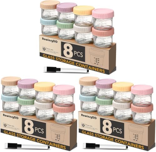 RowinsyDD 24 Pack Glass Baby Food Storage Containers, 2 oz Leakproof Baby Food by RowinsyDD