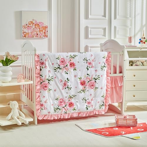 3 Pieces Flowers Crib Bedding Set Baby Ruffled Quilted Comforter - Image 3