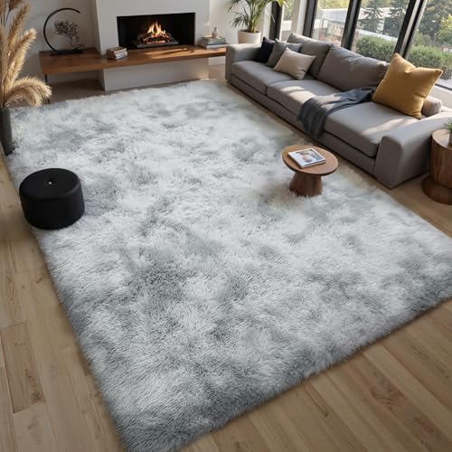 Grey Fluffy 8x10 Area Rug, Tie-Dye Light Gray Soft Washable Shag Carpet - Image 7
