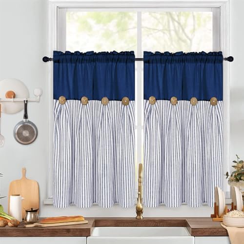 ASPMIZ Cotton Linen Farmhouse Kitchen Curtains, Boho Rustic Button Short by ASPMIZ