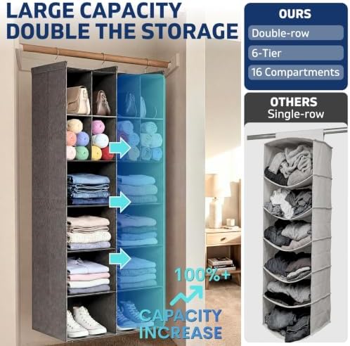 6 Tier Hanging Closet Organizer, 16 Compartments Dual Row Storage - Image 3